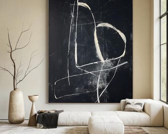 Black plaster minimalist painting, white texture wall art, black minimalist wabi-sabi wall art, black abstract canvas painting, wall decor