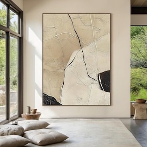 Beige wabi-sabi wall art black beige abstract painting large Light beige simple wall art beige textured canvas painting neutral wall decor