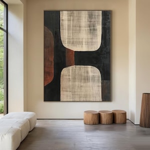 Beige wabi-sabi kunst aan de muur zwart beige abstract schilderij bruin koper eenvoudige muur kunst beige getextureerde canvas schilderij neutraal wanddecor