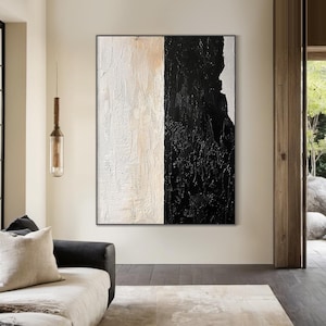 Original beige abstract oil painting on canvas, beige texture art, black minimalist wabi-sabi wall art, modern stylish living room decor art