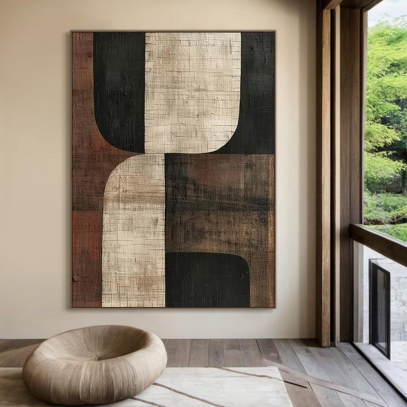 May include: Abstract geometric painting with a brown, black, and white color scheme. The painting features curved shapes and a textured surface.