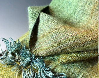 Handwoven Silk and Wool Mobius Scarf: Golden Peas In the Turquoise Seas