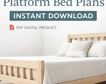 Planos en PDF de cama con plataforma completa, estructura de madera moderna, guía de carpintería para proyectos de bricolaje.