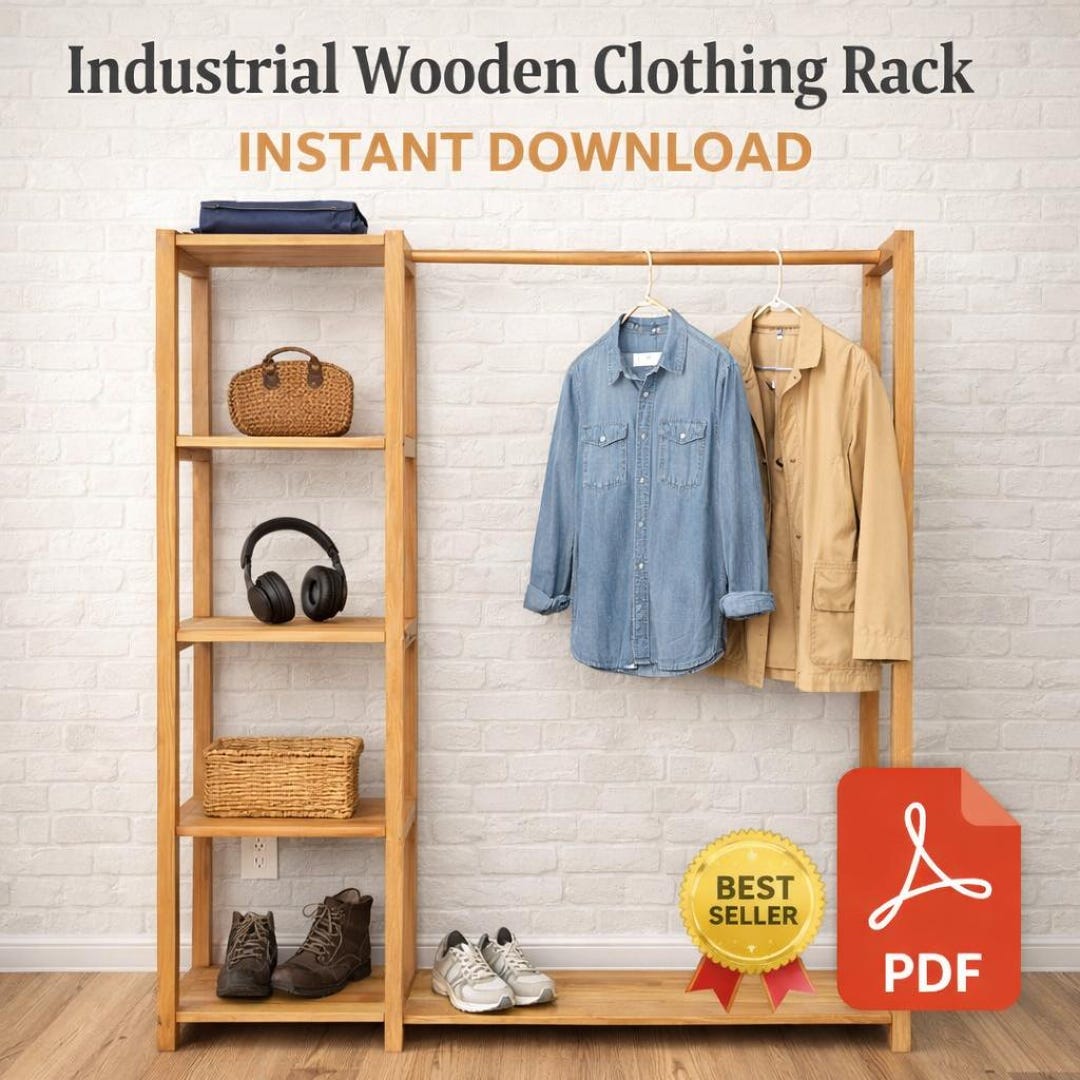 Jean Rack Plan Industrial Wooden Clothing Rack Plan PDF | DIY Open Wardrobe Closet ...