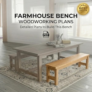 May include: Farmhouse bench woodworking plans. The image shows a light gray wooden table with a matching bench and a natural wood bench. The text reads "Farmhouse Bench Woodworking Plans" and "Detailed Plans to Build This Bench". A "Best Seller" badge is in the top right corner.