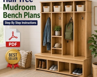 Hall Tree Mudroom Bench Plans PDF, Entryway Storage Furniture DIY Build