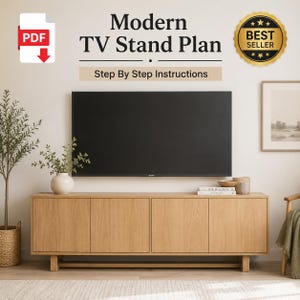 Könnte beinhalten: Ein moderner TV-Ständer aus hellem Holz mit vier Türen, einem schwarzen Fernseher und dem Text "Modern TV Stand Plan" und "Step By Step Instructions". Ein PDF-Symbol befindet sich in der oberen linken Ecke und ein "Best Seller"-Abzeichen oben rechts.