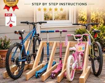 Planos en PDF para soporte de bicicletas y patinetes, organizador de almacenamiento para garaje (proyecto de bricolaje en madera)