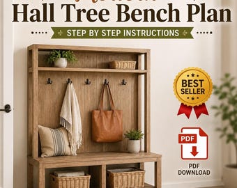 Modern Hall Tree Bench PDF Plan Entryway Coat Rack Woodworking Guide