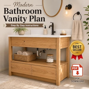 May include: A light oak bathroom vanity with a white countertop, featuring a black faucet and a woven basket. The image includes text that reads "Modern Bathroom Vanity Plan" and "Step By Step Instructions". A "Best Seller" badge and a PDF download icon are also visible.