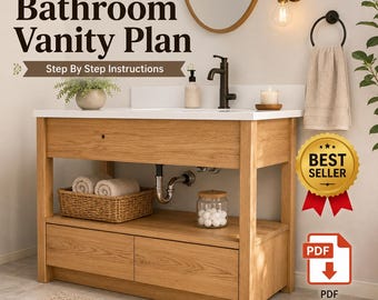 Plano PDF de un mueble de baño moderno con estilo flotante y guía de carpintería.