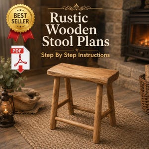 May include: A handcrafted wooden stool with a natural finish. The stool features a rectangular seat and four legs. The image includes text: "Rustic Wooden Stool Plans" and "Step By Step Instructions".