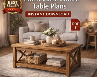 Planos de carpintería para mesa de centro de estilo rústico (DIY) - Planos de muebles de madera rústica (PDF)