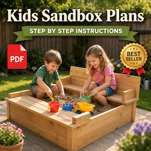May include: A wooden sandbox with a built-in bench, filled with sand, and two children playing with toys. The image includes the text "Kids Sandbox Plans" and "Step by Step Instructions". A "Best Seller" badge is also visible.