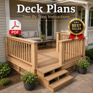 May include: A wooden deck with steps and a railing is shown. The deck has a natural wood finish and is surrounded by potted plants. The image includes the text "Deck Plans Step By Step Instructions" and a "Best Seller" badge.