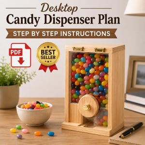 Könnte beinhalten: Ein hölzerner Desktop-Süßigkeiten-Spender gefüllt mit bunten Geleebohnen. Der Spender hat eine transparente Frontplatte und ein Ausgaberad. Das Bild enthält den Text "Desktop Candy Dispenser Plan" und "Step by Step Instructions". Eine Schüssel mit Geleebohnen und ein Stift sind ebenfalls sichtbar.