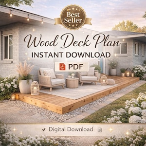 May include: An image promoting a wood deck plan. The image shows a finished wooden deck with outdoor furniture, plants, and decorative lanterns. Text on the image reads "Wood Deck Plan" and "Instant Download" with a PDF icon. A "Best Seller" badge is also visible.