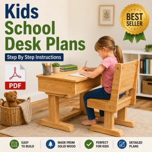 Puede incluir: Un escritorio y una silla escolares de madera con el texto "Kids School Desk Plans" y "Step By Step Instructions". El escritorio tiene un cajón y está hecho de madera maciza. Una niña está sentada en el escritorio, escribiendo. Una insignia de "Best Seller" está en la esquina superior derecha.