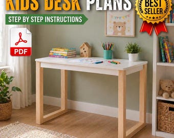 Op de afbeelding: Een witte bureau met licht houten poten, met de tekst "KIDS DESK PLANS" en "STEP BY STEP INSTRUCTIONS". De afbeelding bevat een PDF-pictogram, een ingelijste berenillustratie en een "BEST SELLER"-badge.
