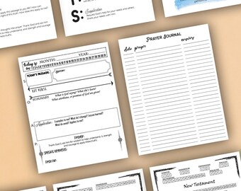 May include: A set of printable Bible study and prayer journal pages. The pages are black and white and feature the SOAP Bible study method, the ACTS prayer method, and a Bible study highlight color code. The pages also include a prayer journal with space for date, prayers, and any insights.