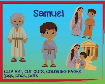 Puede incluir: Una ilustración digital con personajes de dibujos animados y el nombre "Samuel" en azul. La imagen incluye figuras con túnicas, un templo y el texto "CLIP ART, CUT OUTS, COLORING PAGES" y tipos de archivos.