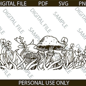 May include: A black and white line drawing of mushrooms and foliage. The mushrooms are drawn in a whimsical style with detailed textures. The foliage is drawn in a simple style with rounded leaves.