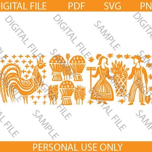 Puede incluir: Ilustración de estilo de arte popular naranja y amarillo de un gallo, una mujer sosteniendo una cesta de trigo, un hombre sosteniendo una cesta de trigo y una planta de piña. La ilustración está sobre un fondo de tallos de maíz y flores estilizados.