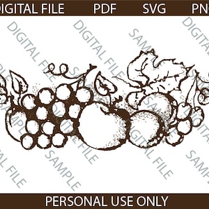 Könnte beinhalten: Eine Schwarzweißillustration einer Traube, Äpfeln und Blättern. Die Illustration ist im Vintage-Stil.