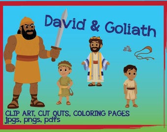 May include: Illustration of the biblical story of David and Goliath. The image features cartoon figures of David, Goliath, and other characters. Text includes "David & Goliath" and "CLIP ART, CUT OUTS, COLORING PAGES". The background is blue and green.