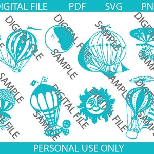 May include: A set of eight blue silhouette illustrations of hot air balloons and airships. The illustrations are on a black background.