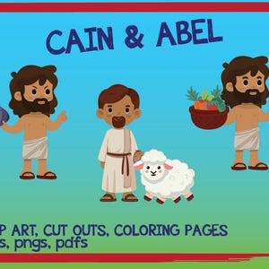 May include: A cartoon illustration of Cain and Abel, two brothers from the Bible. Cain is holding a rock and Abel is holding a lamb. The illustration is in a colorful cartoon style and is suitable for children's educational materials.