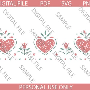 May include: A digital graphic design featuring three pink hearts with white floral patterns, interspersed with small green tulip-like flowers and dots. The text reads DIGITAL FILE, PDF, SVG, PNG, SAMPLE, and PERSONAL USE ONLY.