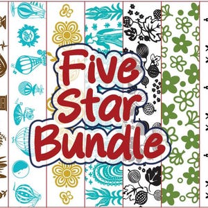 May include: A collection of patterned designs in various styles and colors. The designs include floral, geometric, and nature-inspired motifs. The text "Five Star Bundle" is displayed in a red and white font.