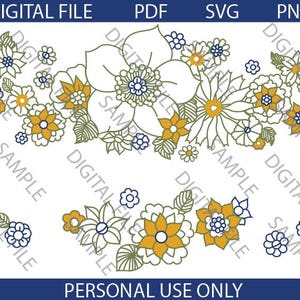 May include: A digital file containing a floral graphic design with mustard yellow, navy blue, and white outlines. The illustration features a large central flower surrounded by smaller blossoms and leaves, with the text DIGITAL FILE, PDF, SVG, PNG, and PERSONAL USE ONLY.