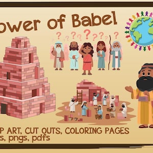 Tower of Babel Clip Art & Coloring Pages - PNG JPG PDF