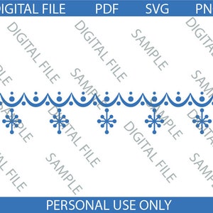 Könnte beinhalten: Ein blaues Schneeflocken-Randdesign mit einem gewellten Rand und kleinen Punkten. Das Design ist perfekt, um Ihren Bastelarbeiten und Projekten eine festliche Note zu verleihen.