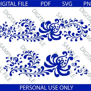 May include: Two blue floral designs with intricate swirls and loops. The designs are symmetrical and have a traditional feel.