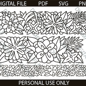 Puede incluir: Diseño de borde floral en blanco y negro con diversas formas de flores y hojas. La imagen incluye el texto "DIGITAL FILE" en la parte superior y "PERSONAL USE ONLY" en la inferior. Adecuado para manualidades digitales.