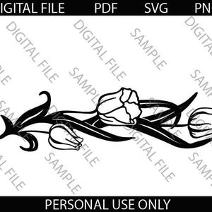 May include: Black and white silhouette of three stylised tulips with stems and leaves.