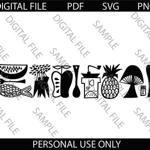 Puede incluir: Ilustración digital en blanco y negro con varios alimentos y utensilios de cocina. Incluye una rodaja de limón, sandía, pescado, manzana, cuchara, molinillo de café, piña, seta, salero y cebolla. Las palabras "DIGITAL FILE" y "PERSONAL USE ONLY" son visibles.