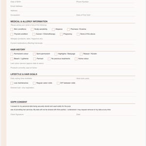 Peut inclure: Un formulaire de consultation imprimé intitulé « NOUVEAU FORMULAIRE DE CONSULTATION CLIENT » avec des sections pour les coordonnées du client, les informations médicales, l'historique capillaire et les objectifs de style de vie.