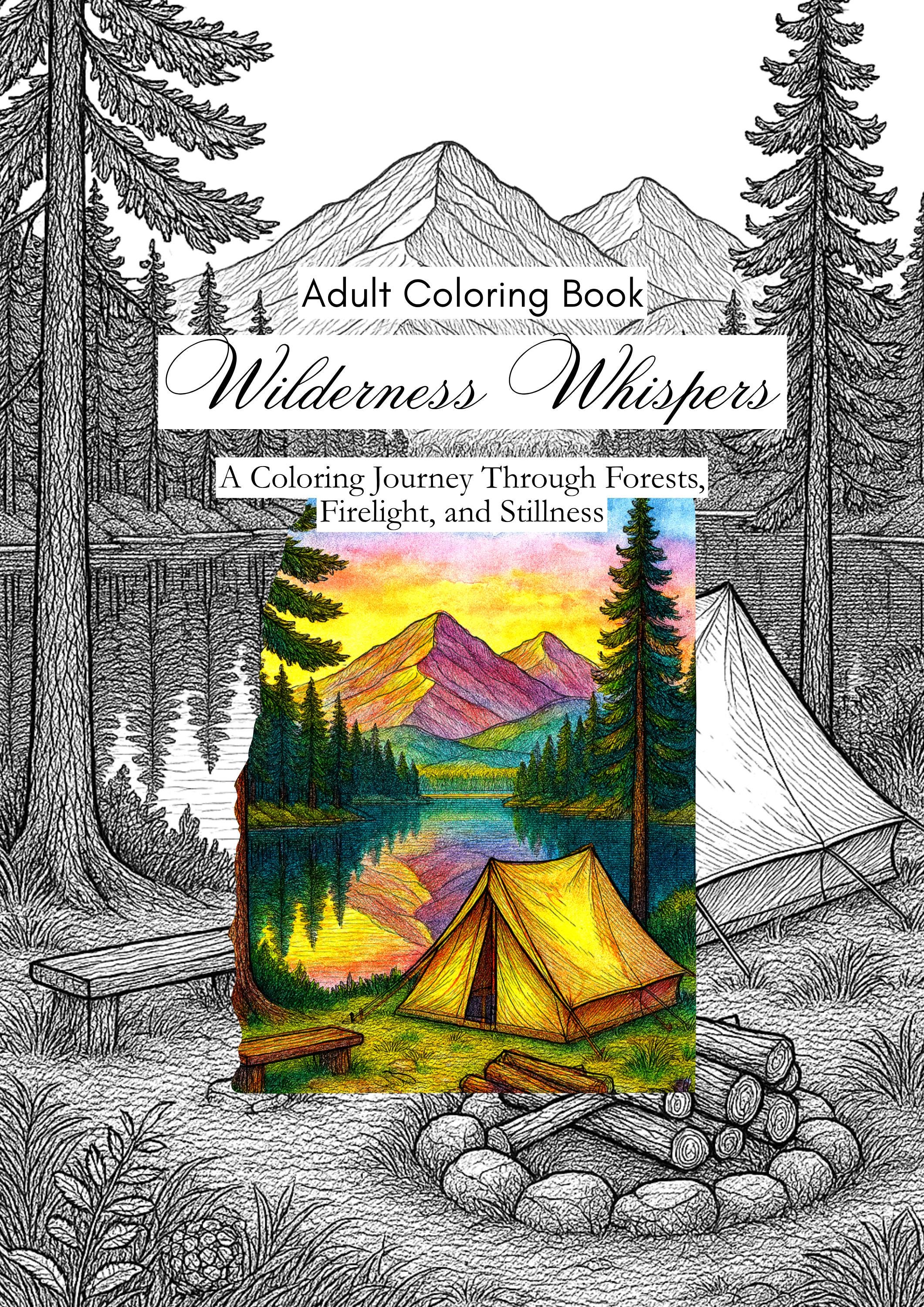 Wilderness Whispers：プリント用 自然 大人の塗り絵 PDF｜詩的キャプション付き 森・キャンプ・野生動物 全25ページ