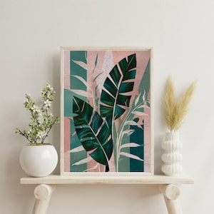 Stampa di foglie di banano tropicali: arte murale botanica rosa e verde (download digitale)