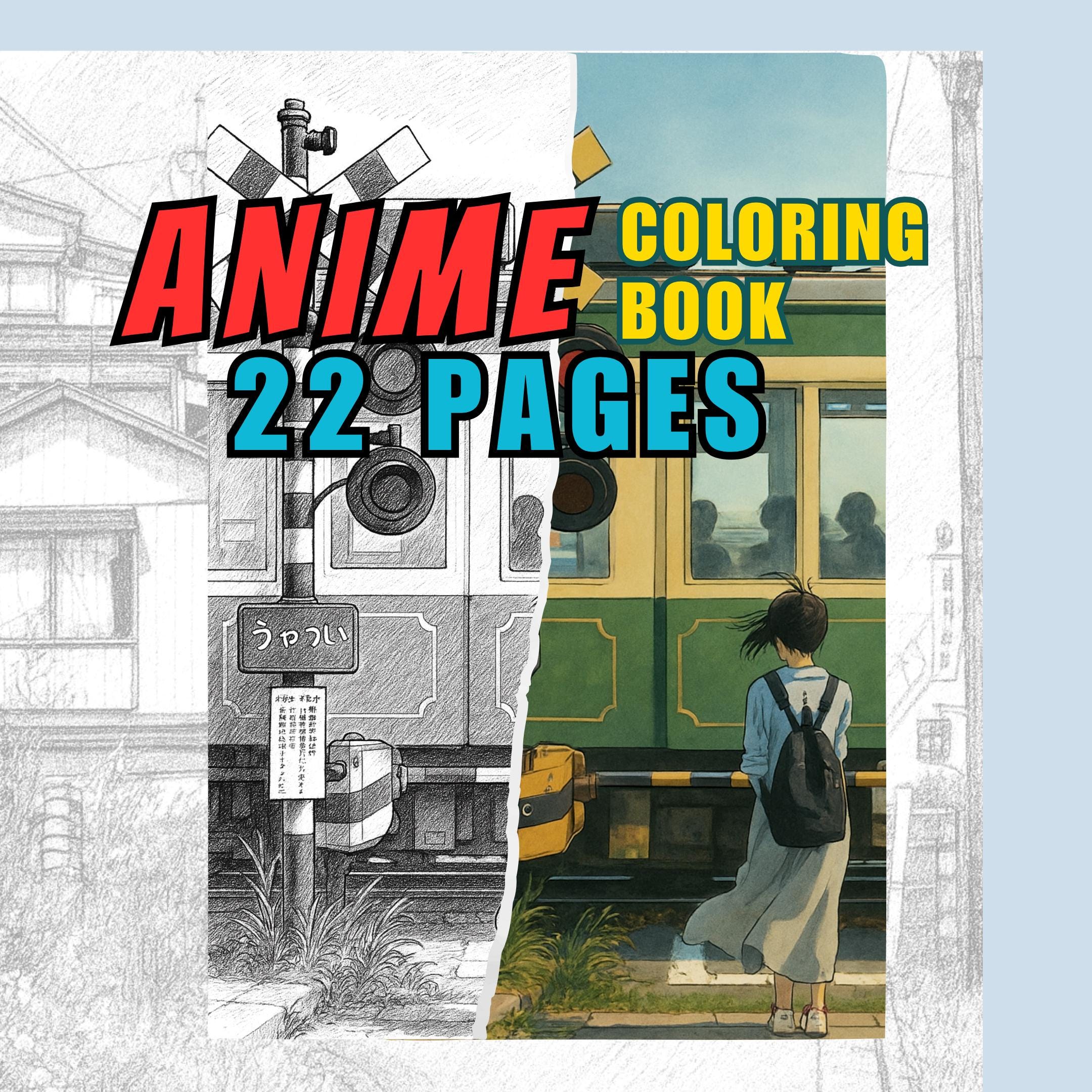 Libro de colorear de anime de 22 páginas: trenes, calles, colinas y personajes acogedores | Descarga digital