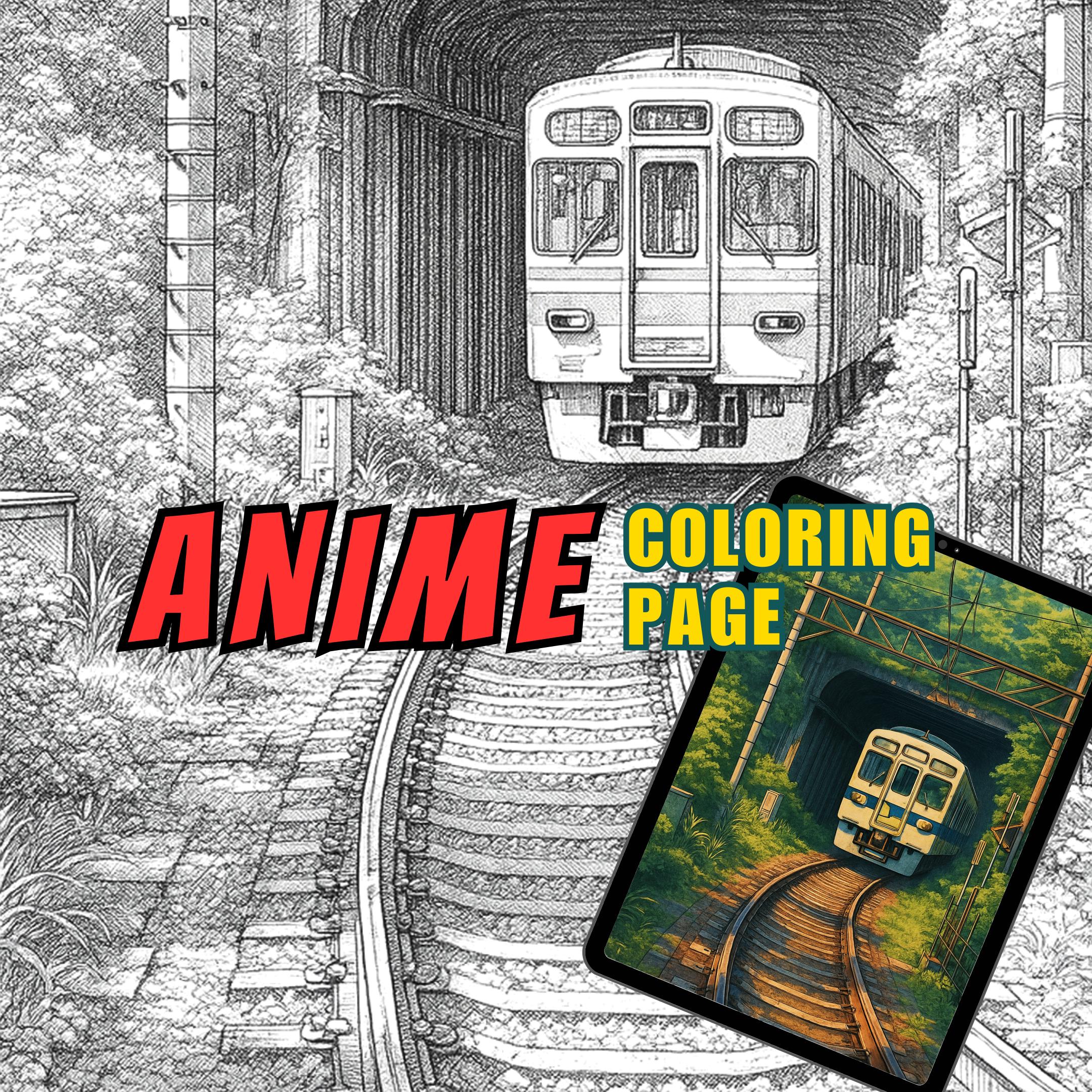 Lámina para Colorear de Túnel de Tren Japonés – Escena ferroviaria estilo manga para adultos y adolescentes