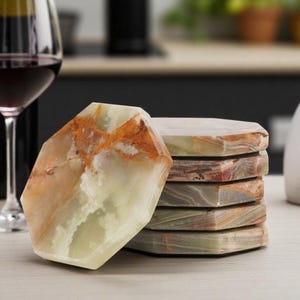 Handmade Green Marble 3.5 inches Hexagon Coasters Set of 6, Unique Star Design Stone Coasters for Kitchen & Dining Table Decor, Luxury
