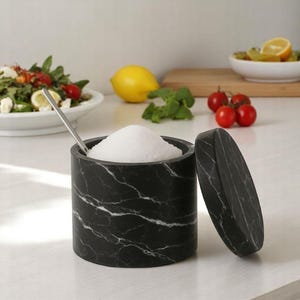 Black Marble Salt Cellar with Lid and Spoon – 3 Inch Handmade Salt Jar, Spice Storage Bowl, Kitchen Countertop Condiment Container Pot Jar