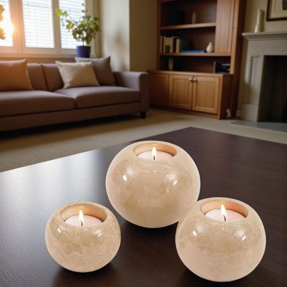 Verona Marble 4" Tealight Candle Holder Set of 3 – Natural Stone Candle Holders, Warm Home Décor, Rustic Table Centerpiece for Living Room