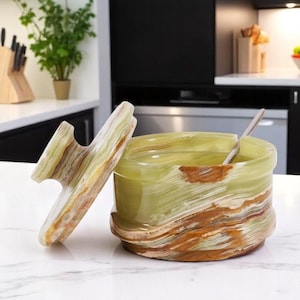 Marble Salt Cellar 3.5 Inches with Lid & Spoon , Stone Salt Keeper for Kitchen, Salt Storage, Natural Stone Sugar Bowl, Rustic Salt Dish