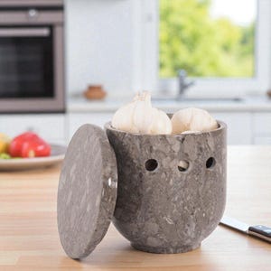 Oceanic Marble Garlic Keeper with Lid 4&quot; Handmade Garlic Storage Jar, Kitchen Organizer and Countertop Decor for Fresh Garlic, Onion & Herbs